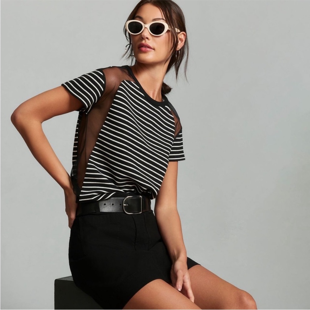 Anthropologie Black and White Striped Tee with Mesh